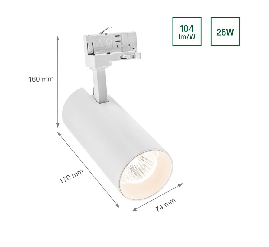 LED Railspot Tracklight - Lichtkleur optioneel - 25W vervangt 260W - Universeel 3-Phase - Wit