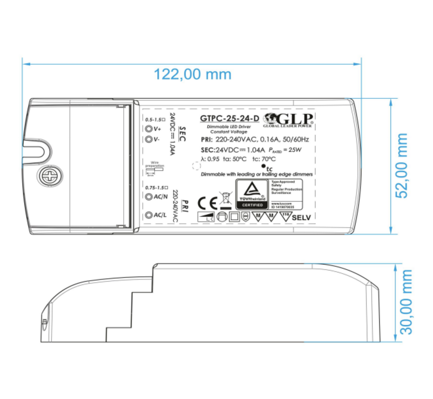 LED Voedingsadapter - 12V - 2.08A - 25W - Dimbaar