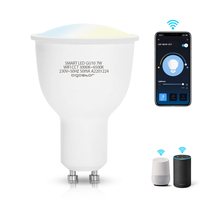 WiFi LED Spot GU10 fitting - Aigosmart - CCT 3000K-6500K - 7W vervangt 39W - Bedienbaar met de App