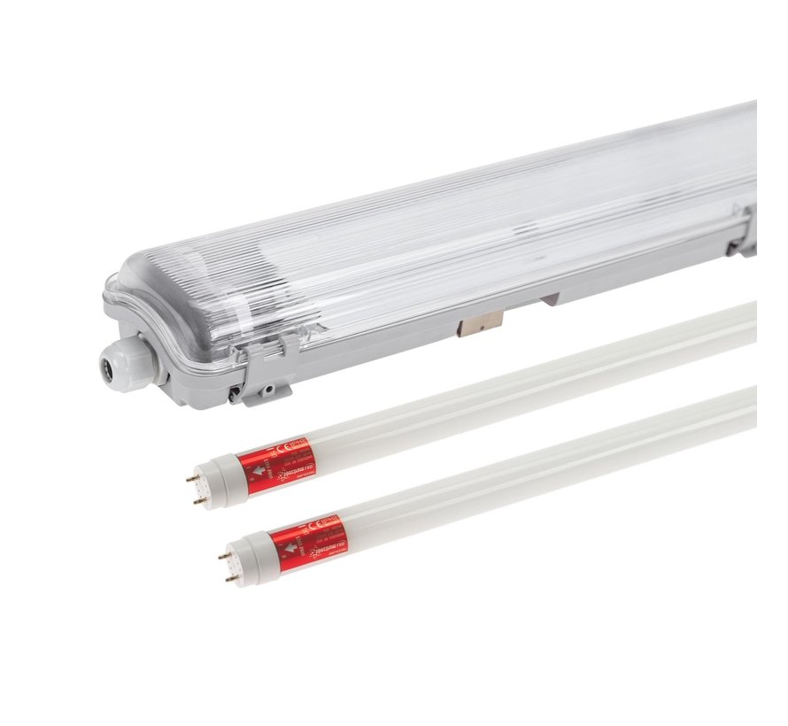 120cm LED armatuur IP65 + 2 LED TL buizen 18W p/s - 3000K 830 warm wit licht -  Compleet