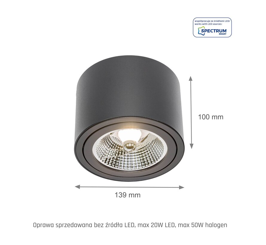 LED Plafondspot - Mat Zwart - Rond - AR111 / GU10 aansluiting - Kantelbaar - Excl. AR111 spot