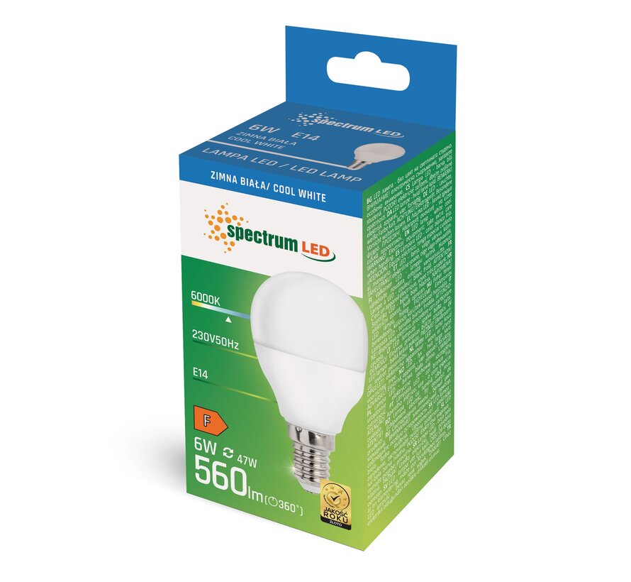 LED Lamp E14 fitting - G45 - 6400K daglicht wit - 6W vervangt 42W