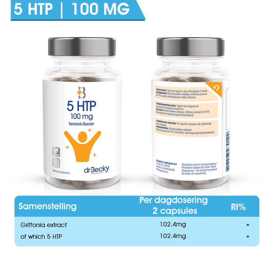 5 HTP | 100 mg  | 60 Vegan caps | Serotonine Booster | Dr. Becky