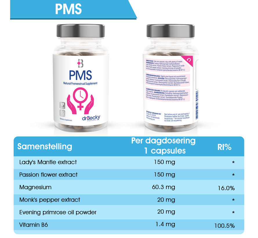 PMS | 60 Vegan caps | Helpt bij Menstruatie Klachten | Helpt bij vermoeidheid | Voor een evenwichtige cyclus