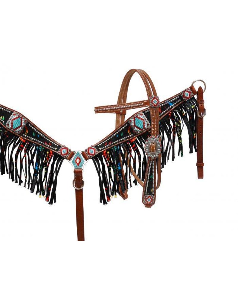 Metallic Rainbow Acid Wash Cowhide Fringe Headstall And Breast