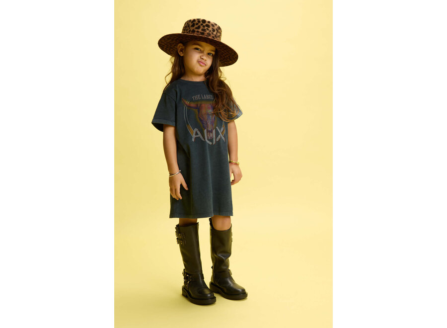 Knitted Washed Bull Print T-Shirt Dress  Black