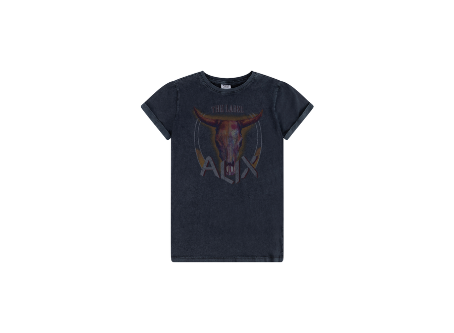 Knitted Washed Bull Print T-Shirt DressBlack