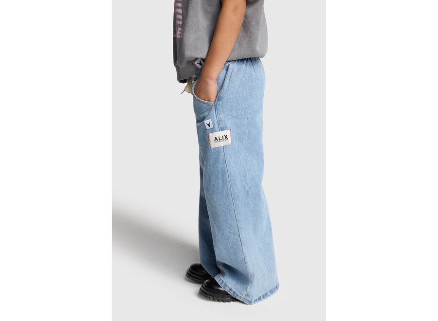 Kids Woven Wide Leg Flowy Denim Pants Light Blue Denim Meisjes Broek