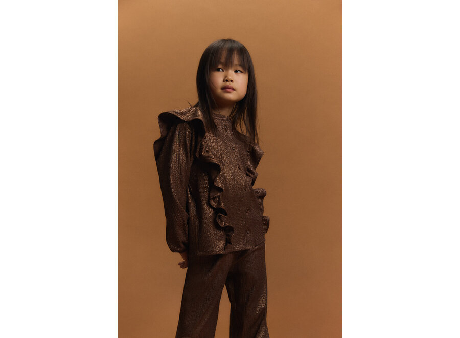 Kids Knitted Shiny Ruffle Blouse  Warm Brown Meisjes  Blouse
