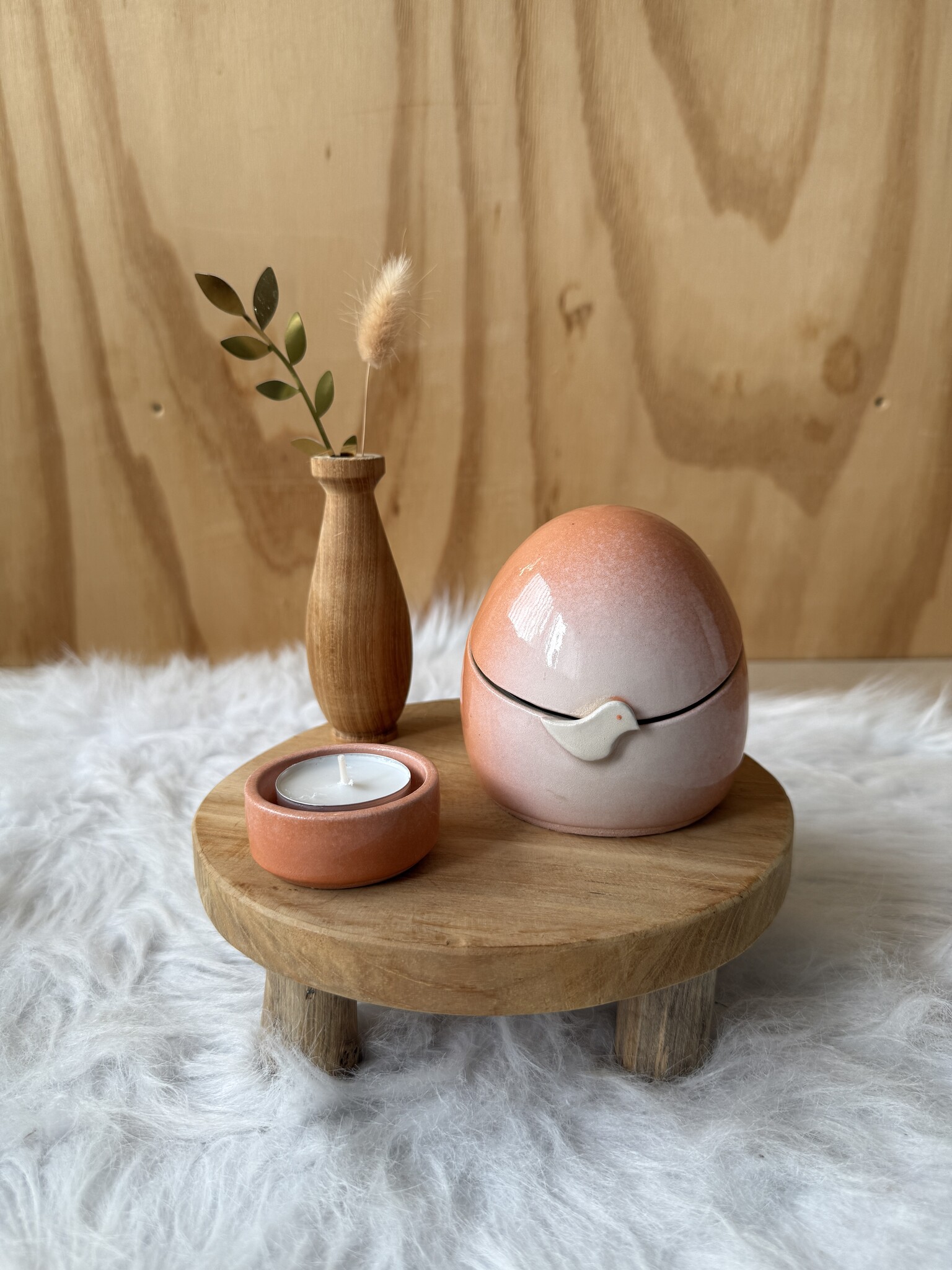 Urn Zalmroze met vogeltje met waxinelichtje