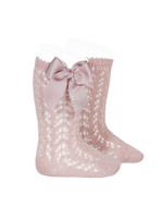 Condor Condor Kniekousen opengewerkt oud roze met satijnen strik