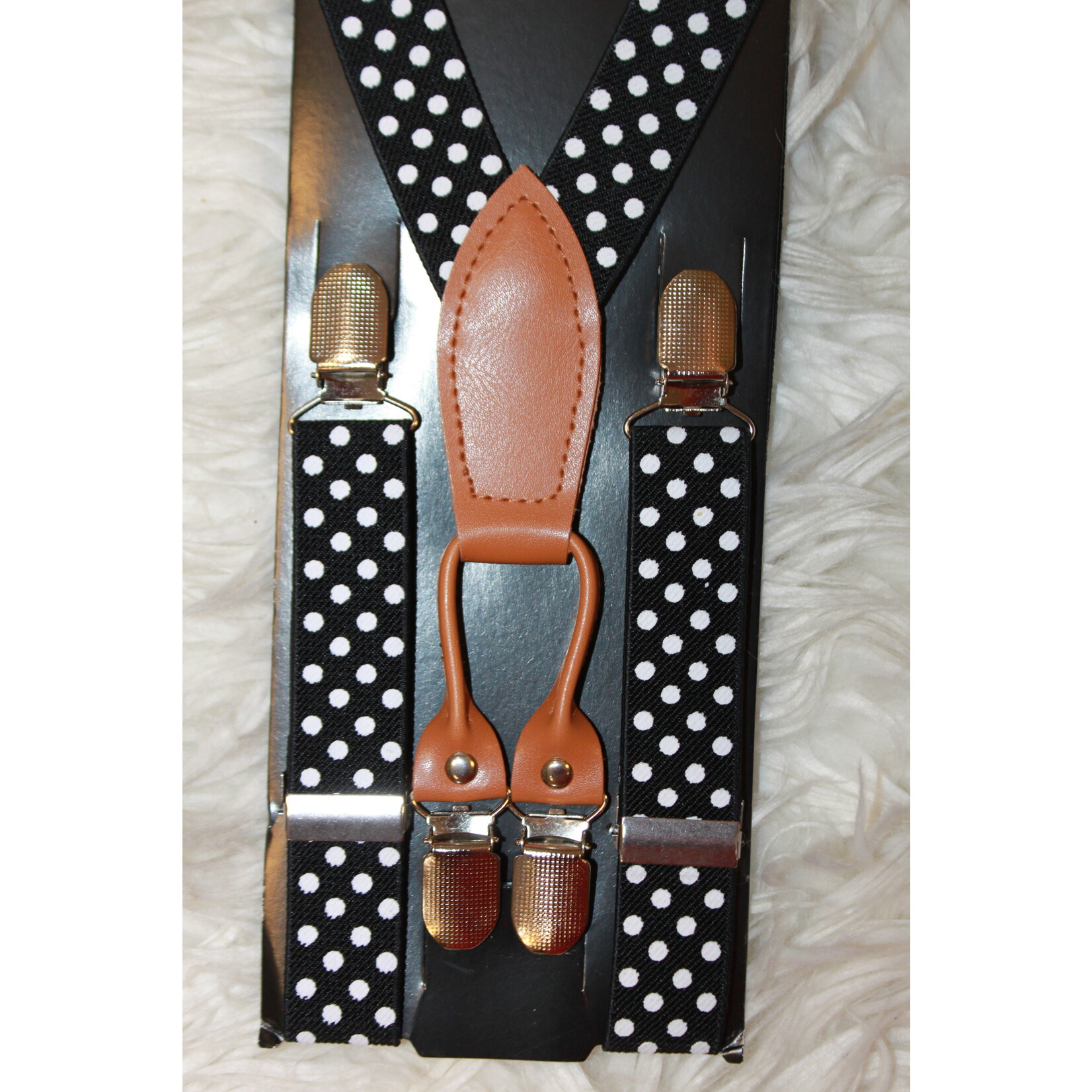 Bretels zwart met cognac  leer en witte stippen