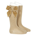 Condor Condor Kniekousen  beige met fluwelen strikken