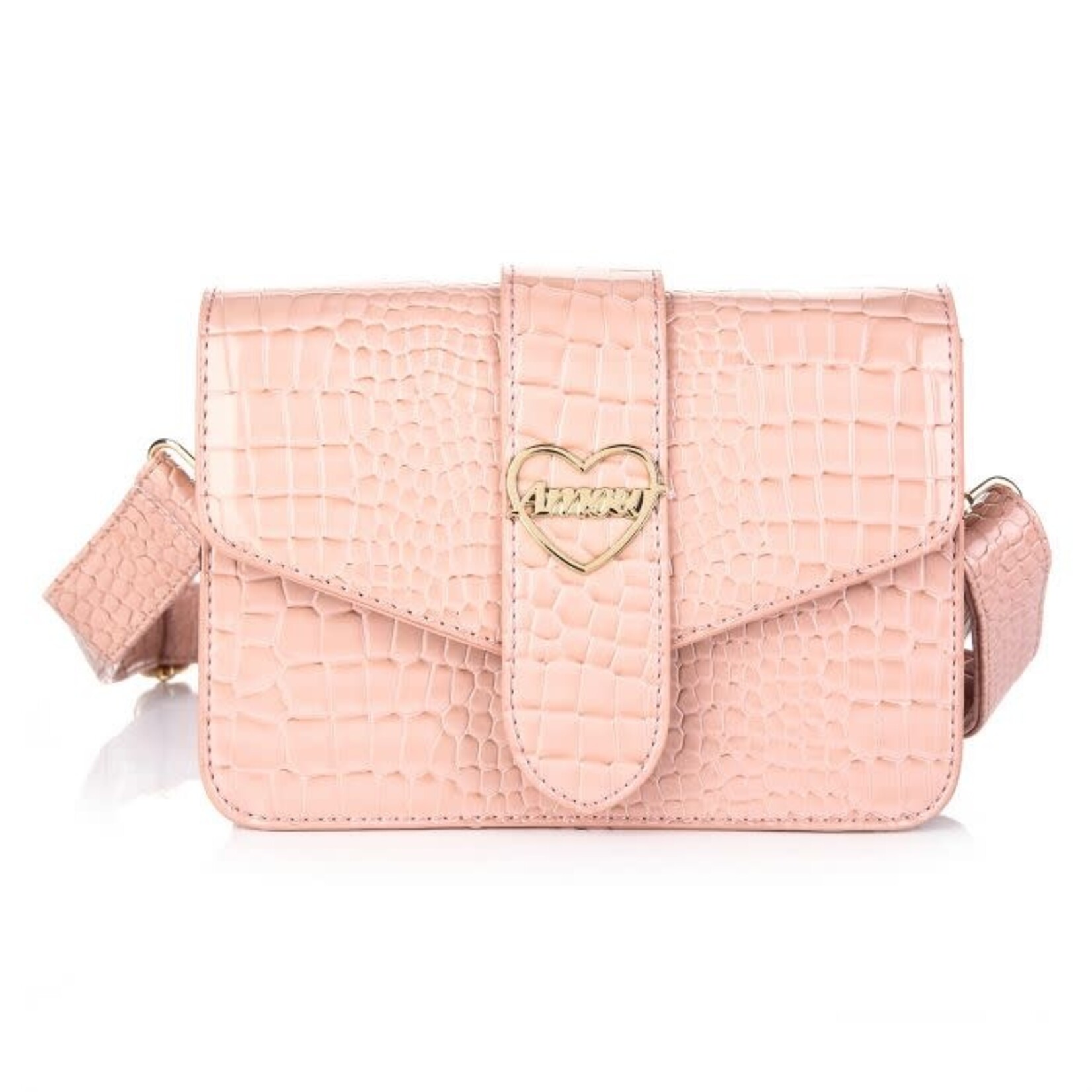 Tas  roze croco met goud hart en brede riem