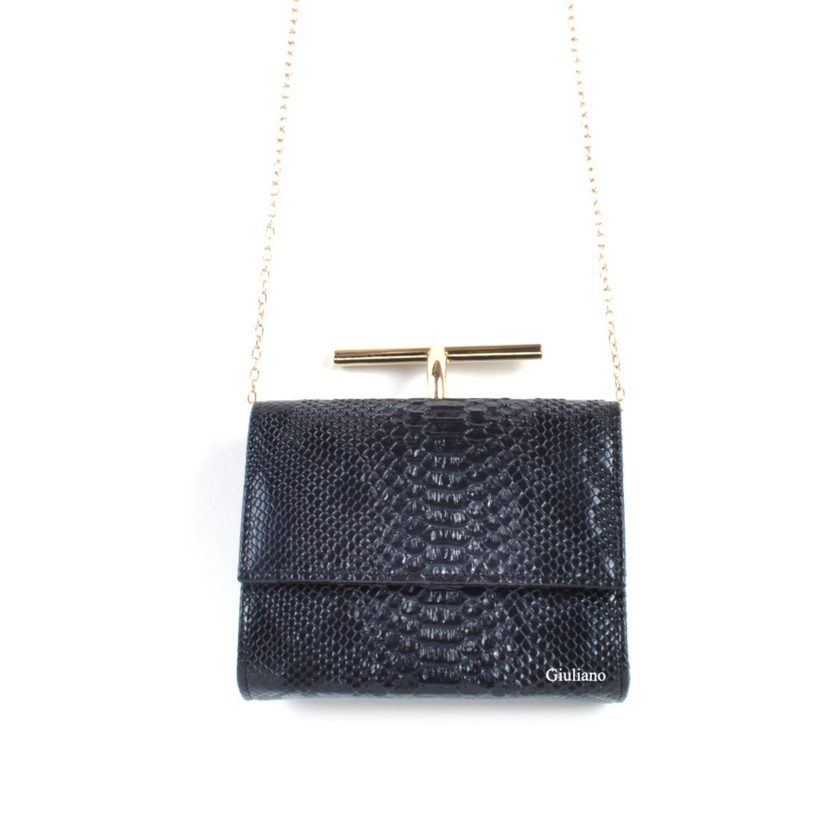 Tas  zwart met messing beugel met een kroko motief.