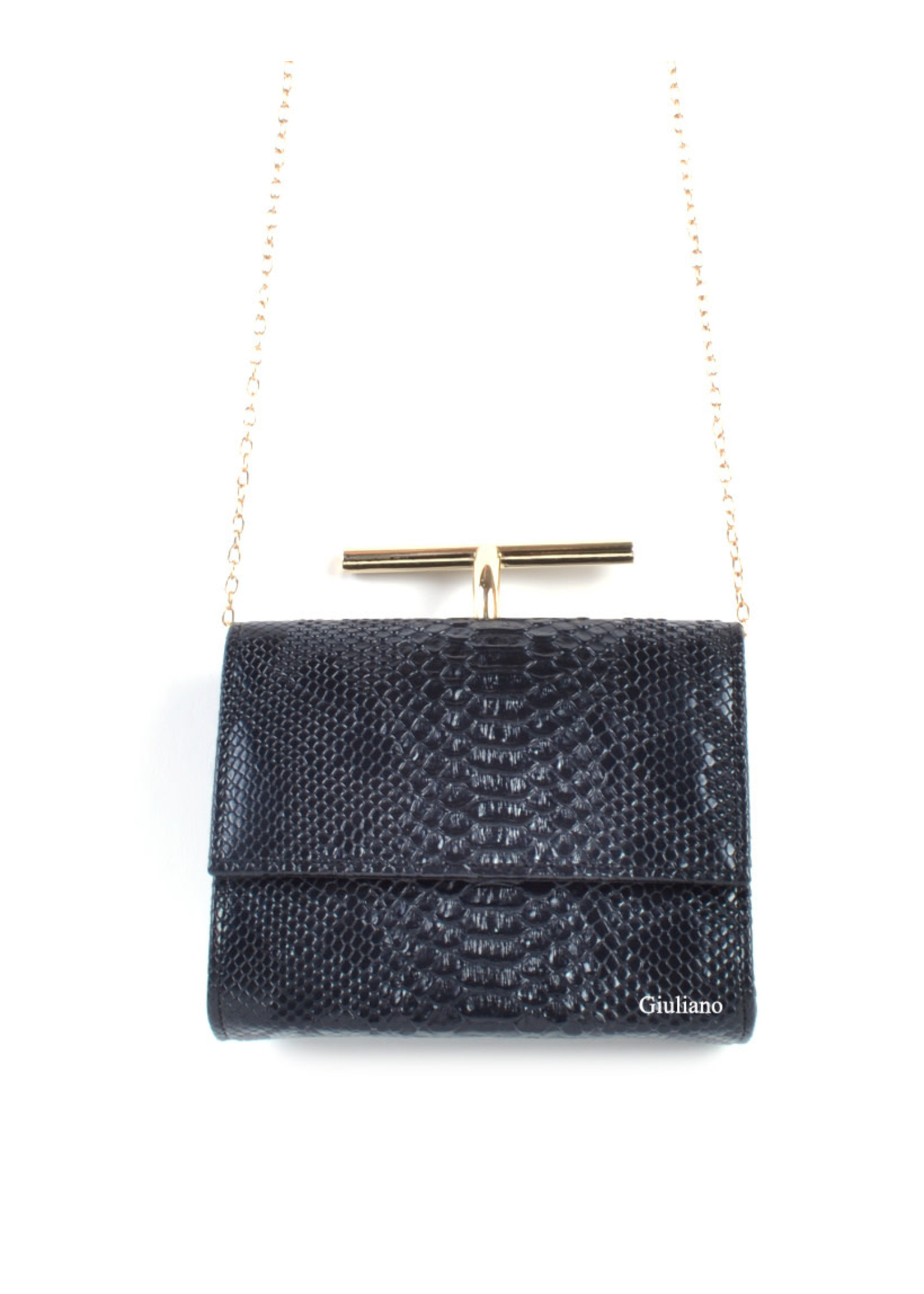 Tas  zwart met messing beugel met een kroko motief.