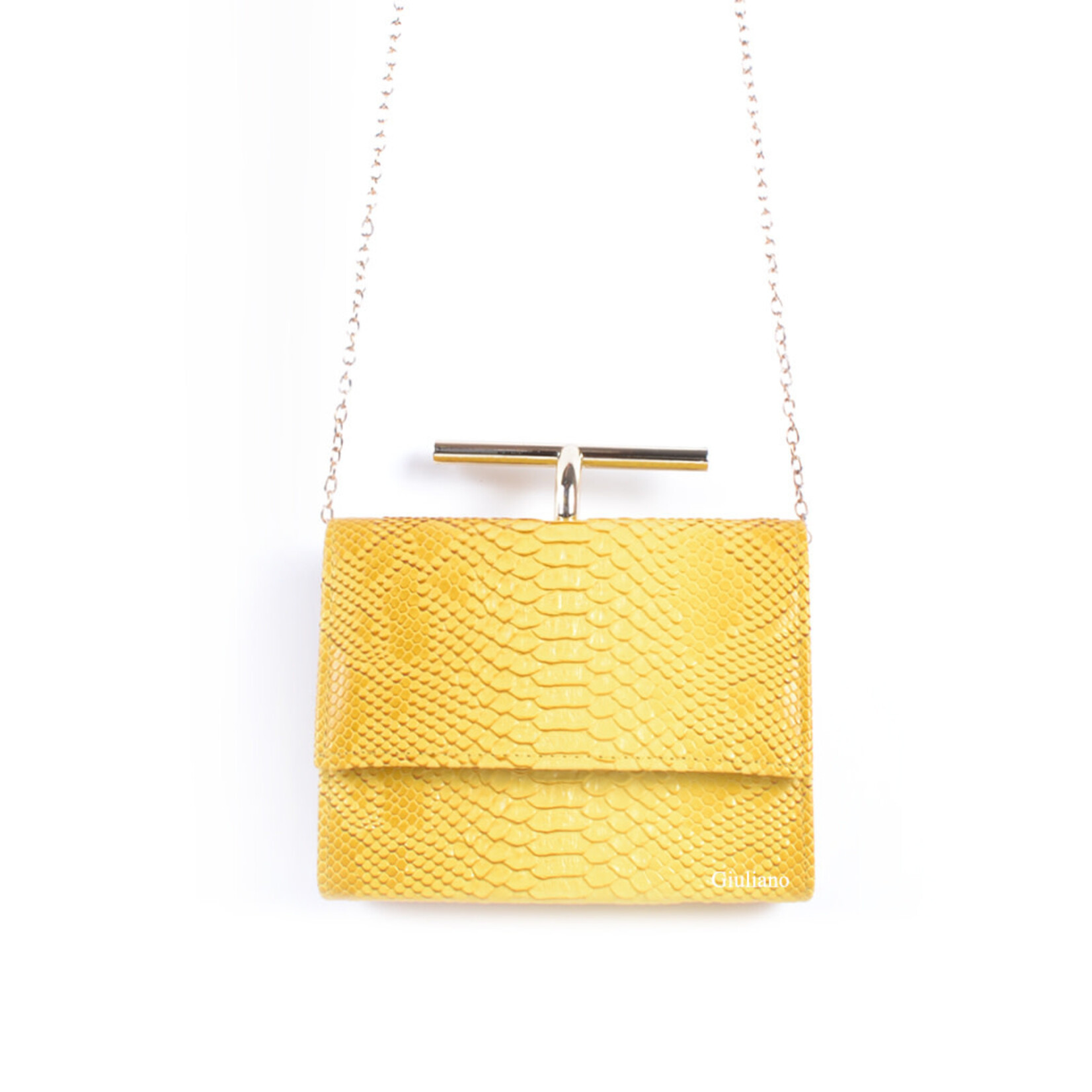 Tas  geel met messing beugel met een kroko motief.
