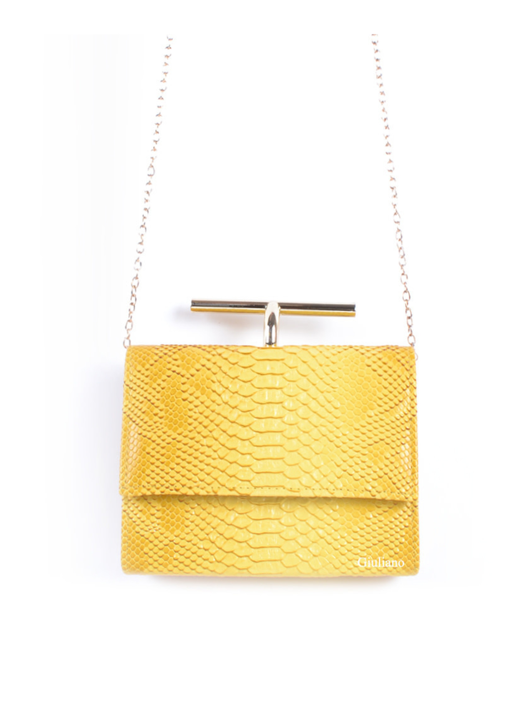 Tas  geel met messing beugel met een kroko motief.