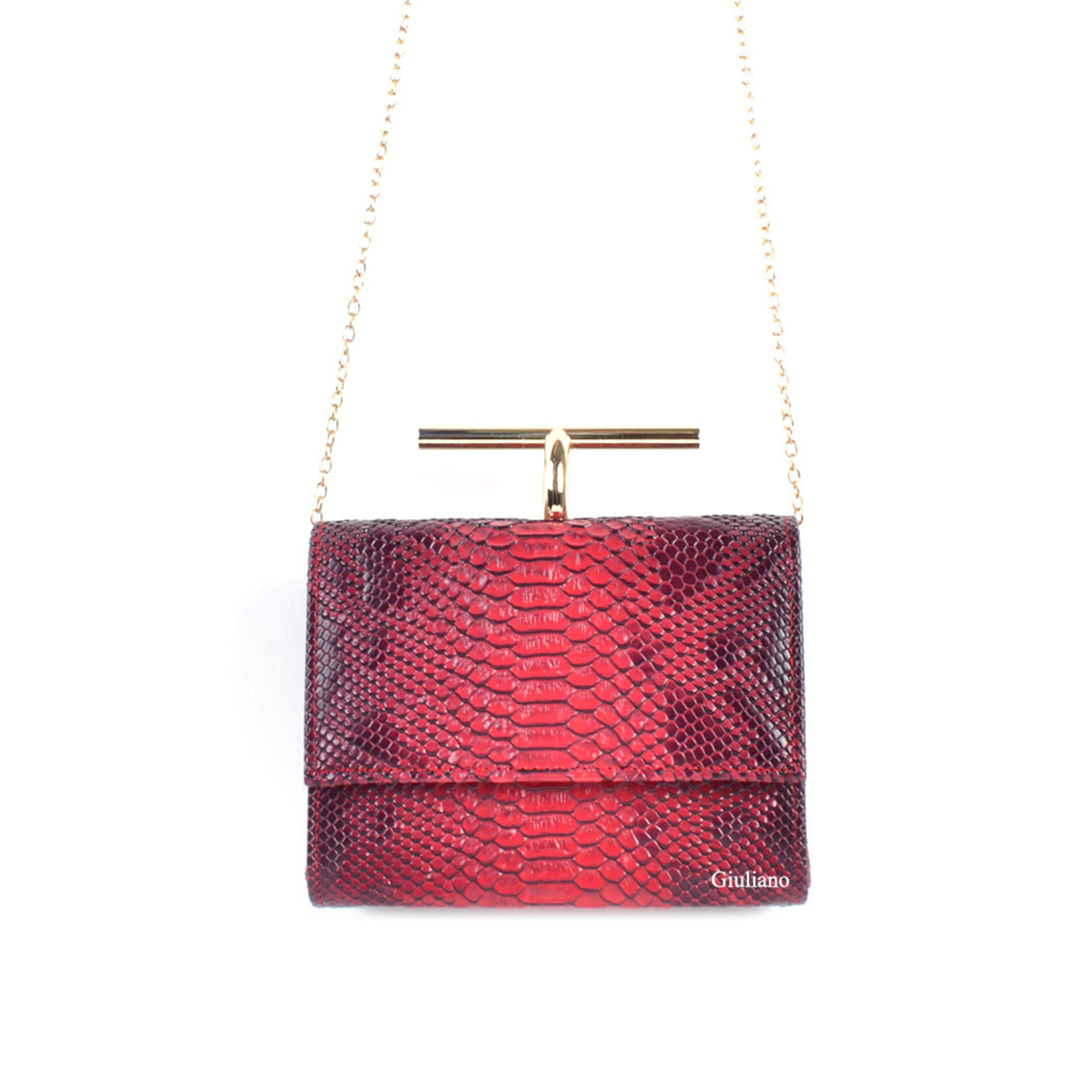 Tas  rood met messing beugel met een kroko motief.