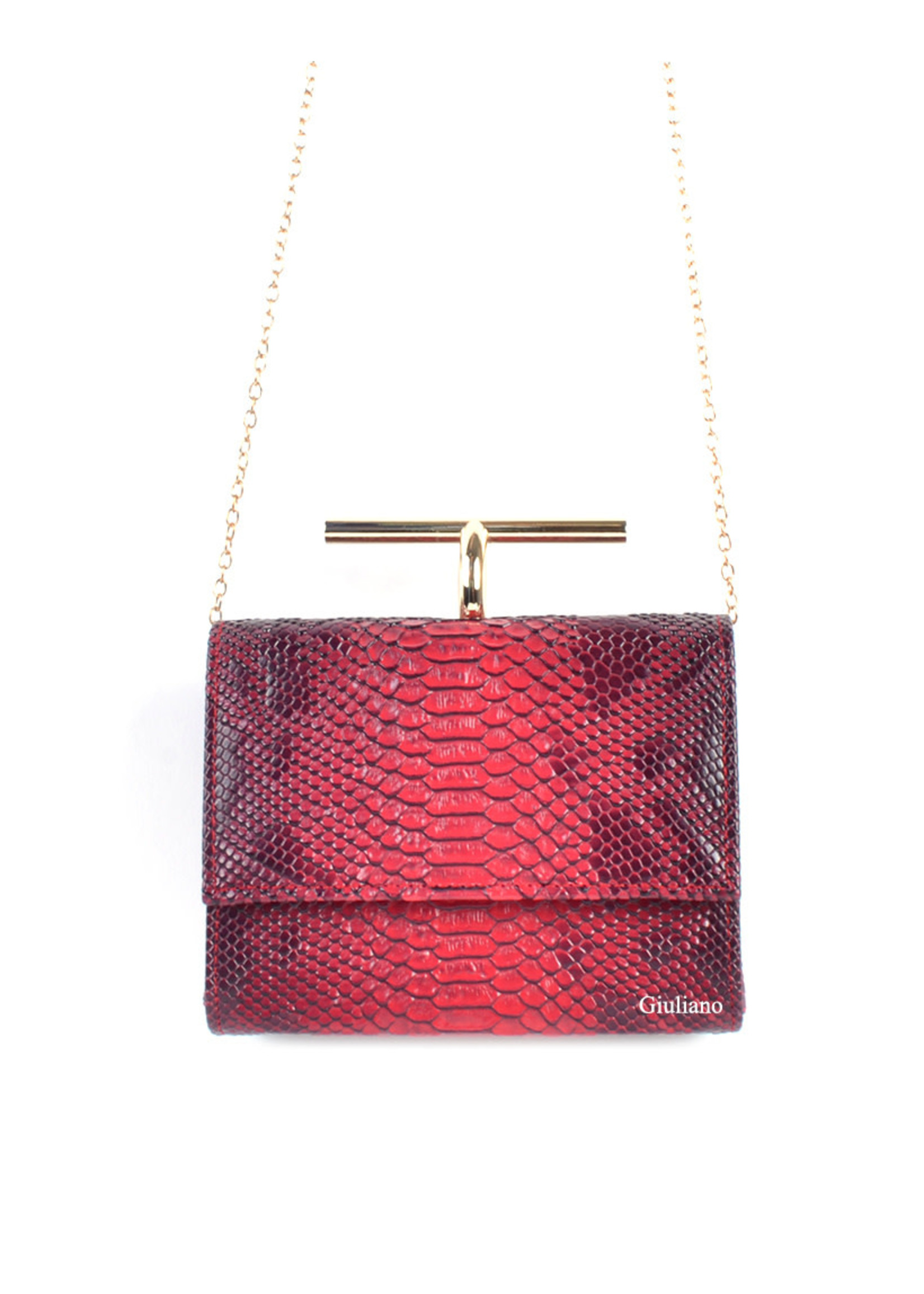 Tas  rood met messing beugel met een kroko motief.