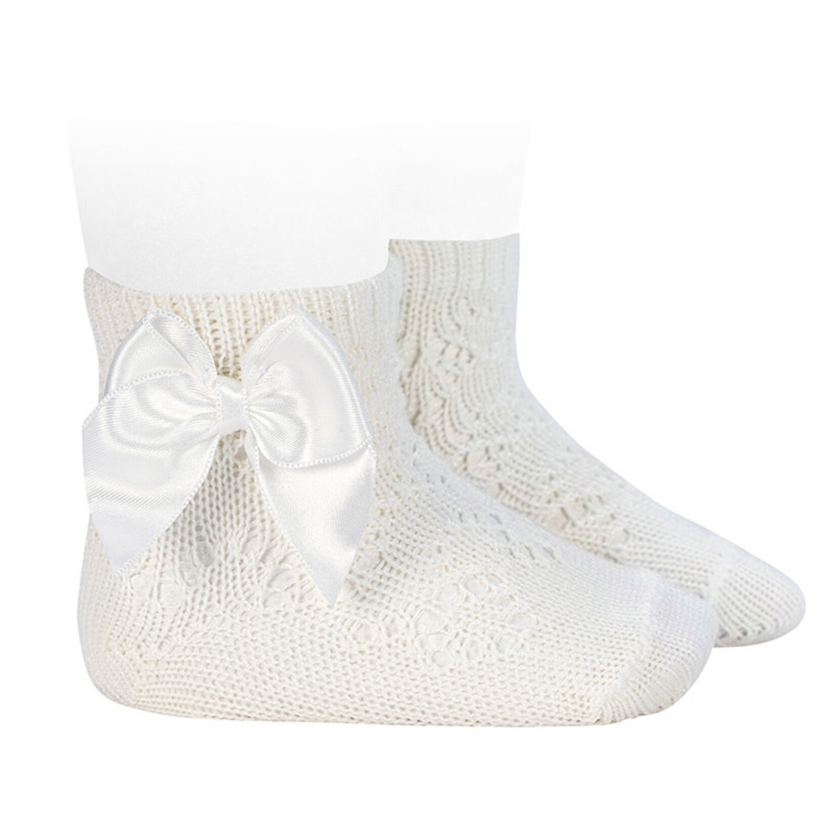 Condor Condor sokjes off white  202 opengewerkt met satijnen strik