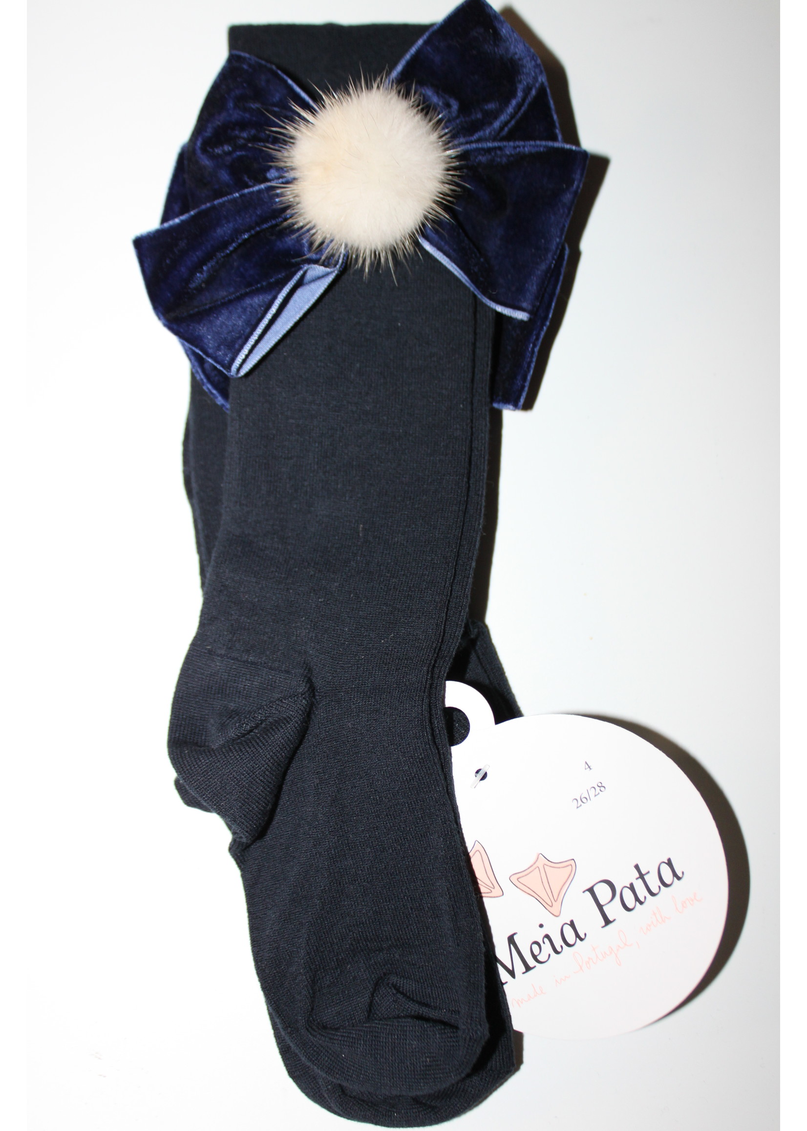 Meia Pata Meia Pata Tights Double Velvet Bow With Fur Pompom 14 Navy Blue