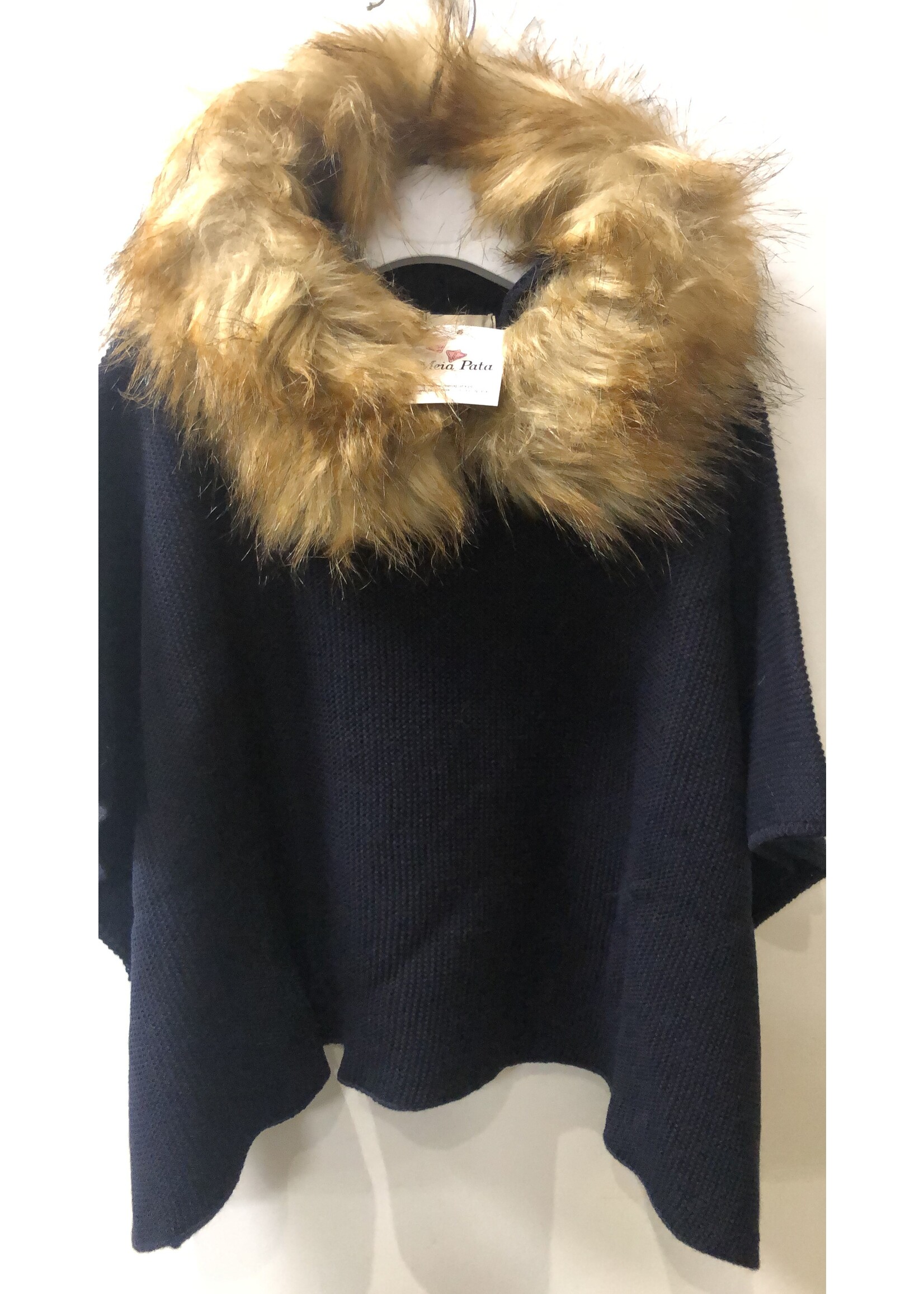 Meia Pata Meia Pata Poncho With Natural Sintetic Fur 14 Navy Blue