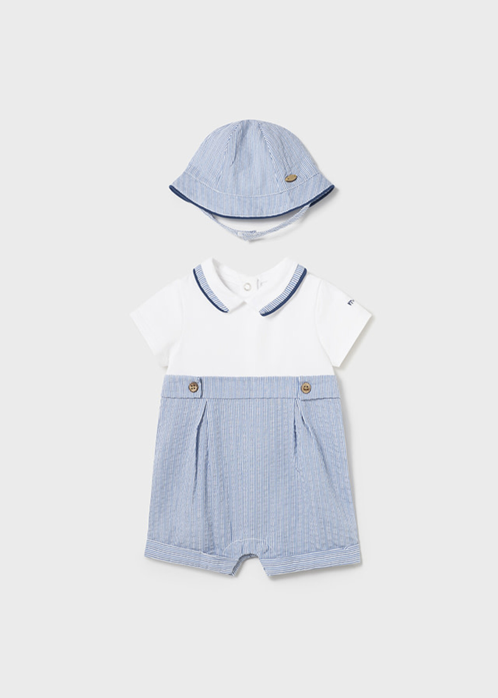 Mayoral Mayoral Romper w/hat set Seersucker - 24 01615