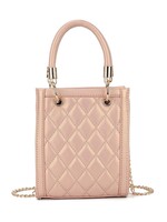 Tasje met geblokte print en een gouden ketting als schouderband.