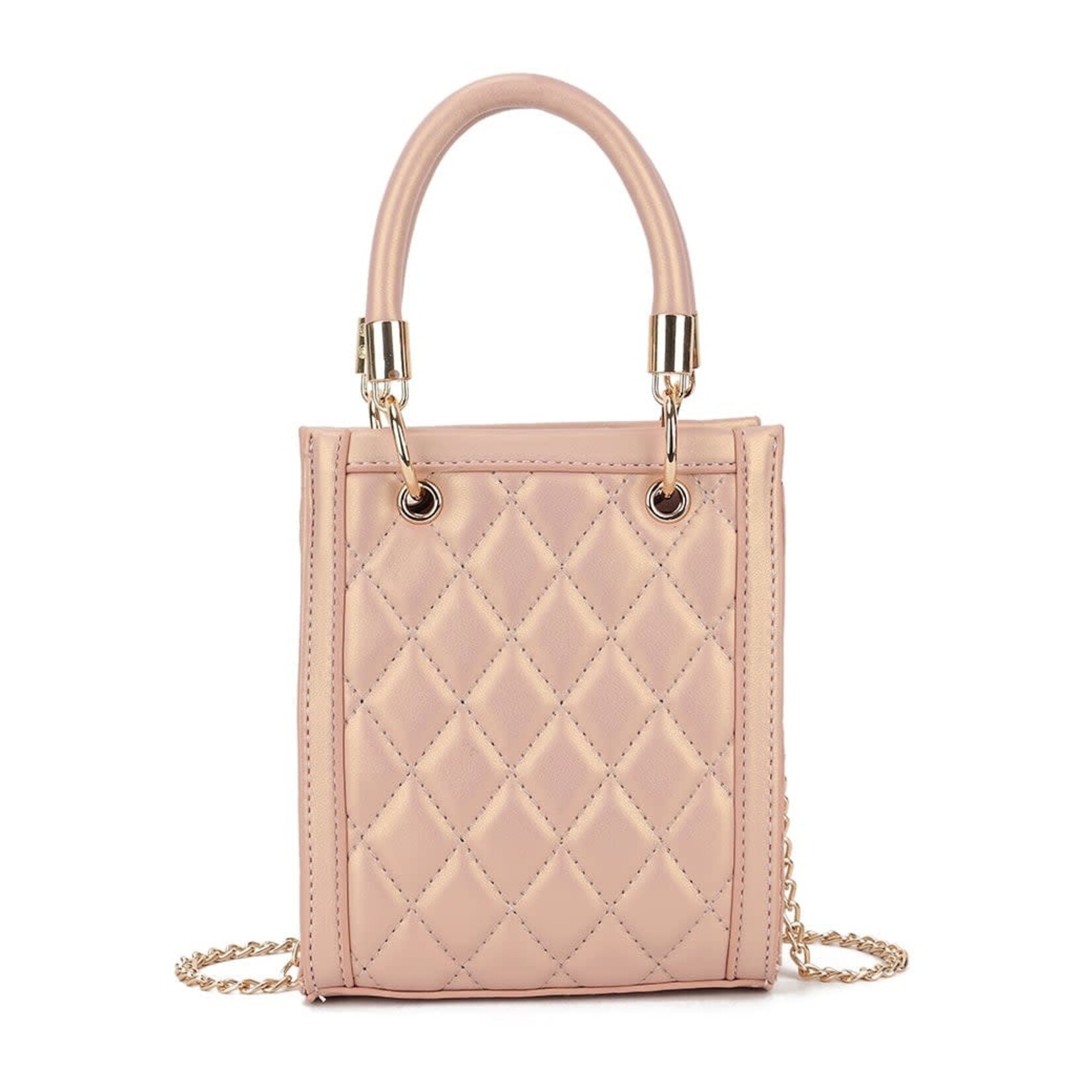Tasje met geblokte print en een gouden ketting als schouderband.