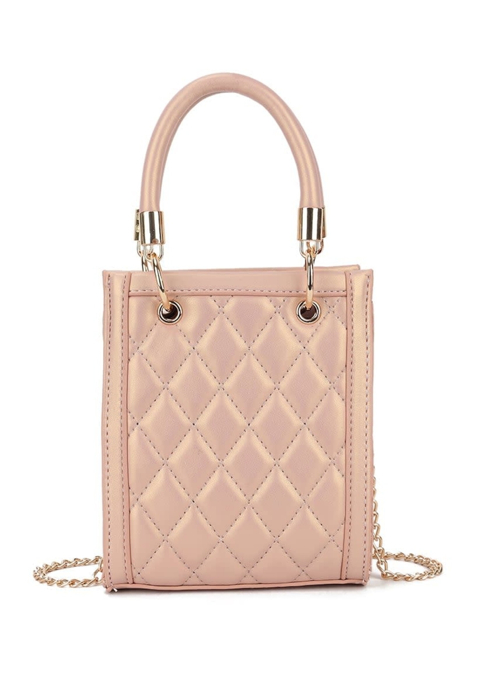 Tasje met geblokte print en een gouden ketting als schouderband.