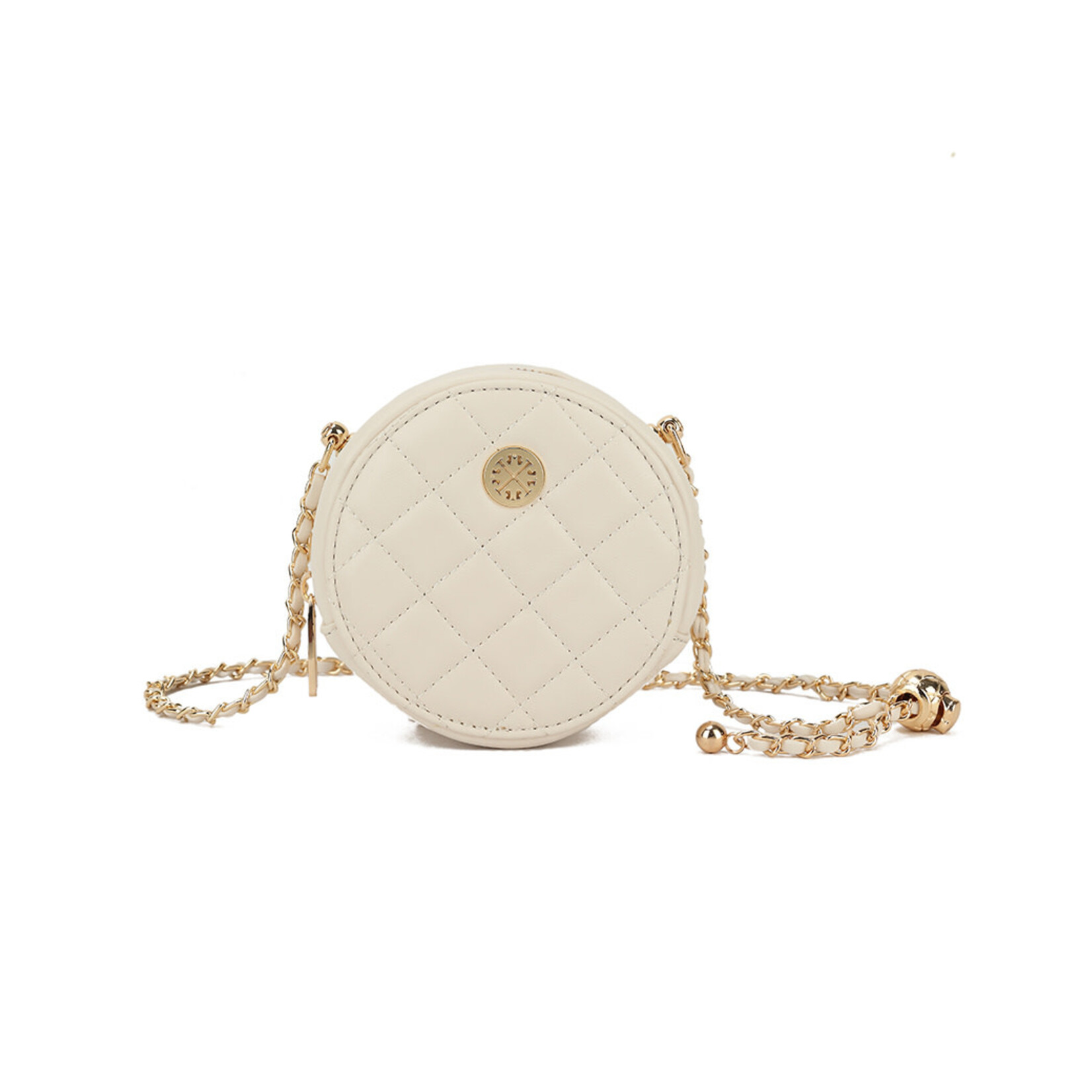 Tasje beige met ruiten print. De band is een combinatie goudkleurig metaal