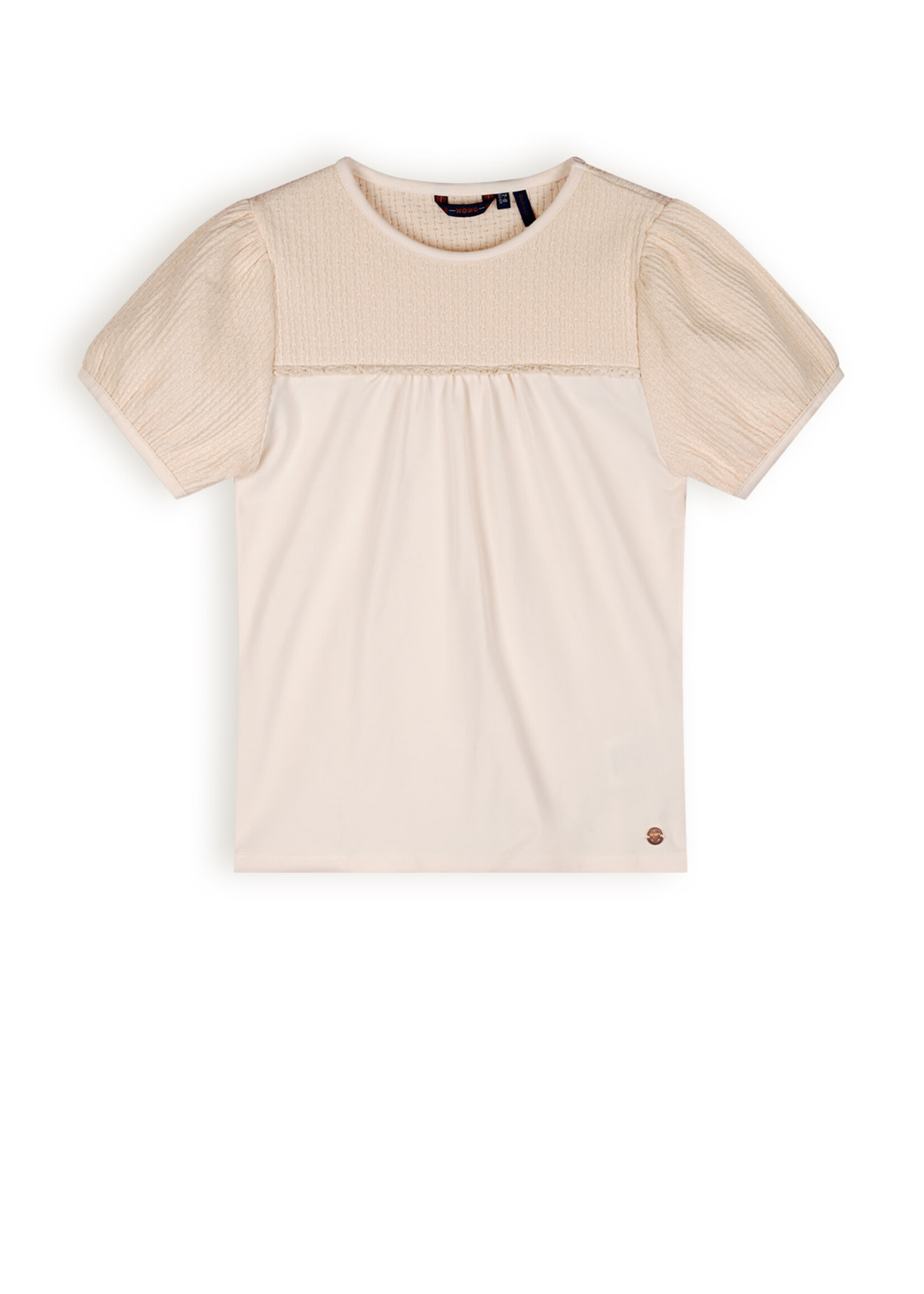 NoNo NoNo Karen T-Shirt Mixed Fabris Puffed Short Sleeves N403-5414 Pearled Ivory