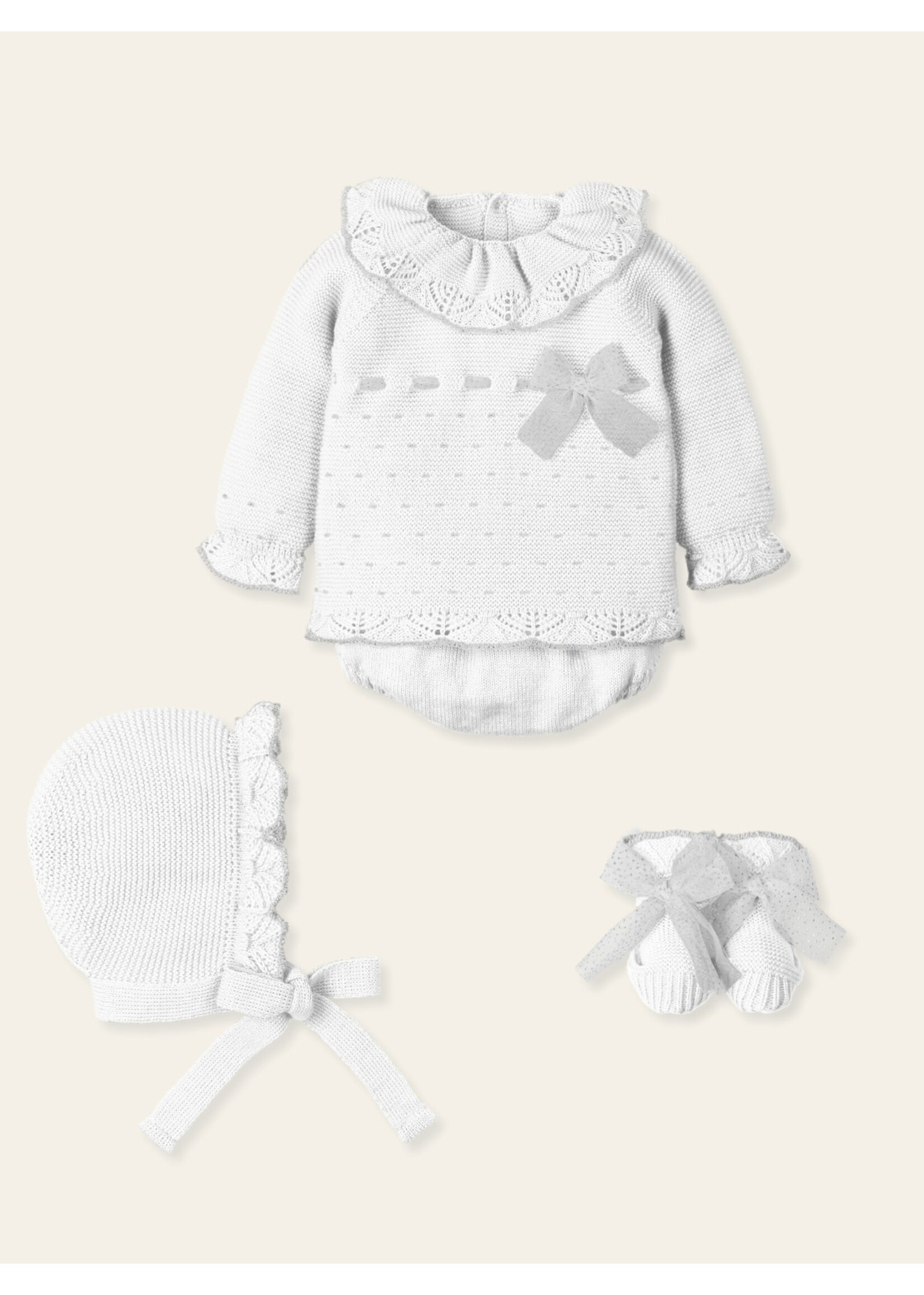 Mac Ilusion Mac Ilusion Traje 4P Canesú corto, capota y patucos tul lurex "ADMIRAR" BlancoB