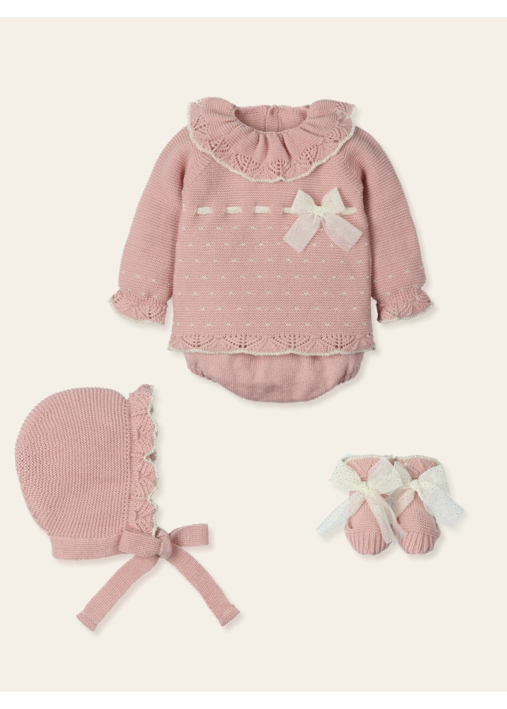 Mac Ilusion Mac Ilusion Traje 4P Canesú corto, capota y patucos tul lurex "ADMIRAR" Orquidea NewB