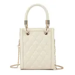 Tasje  off white met geblokte print en een gouden ketting als schouderband.