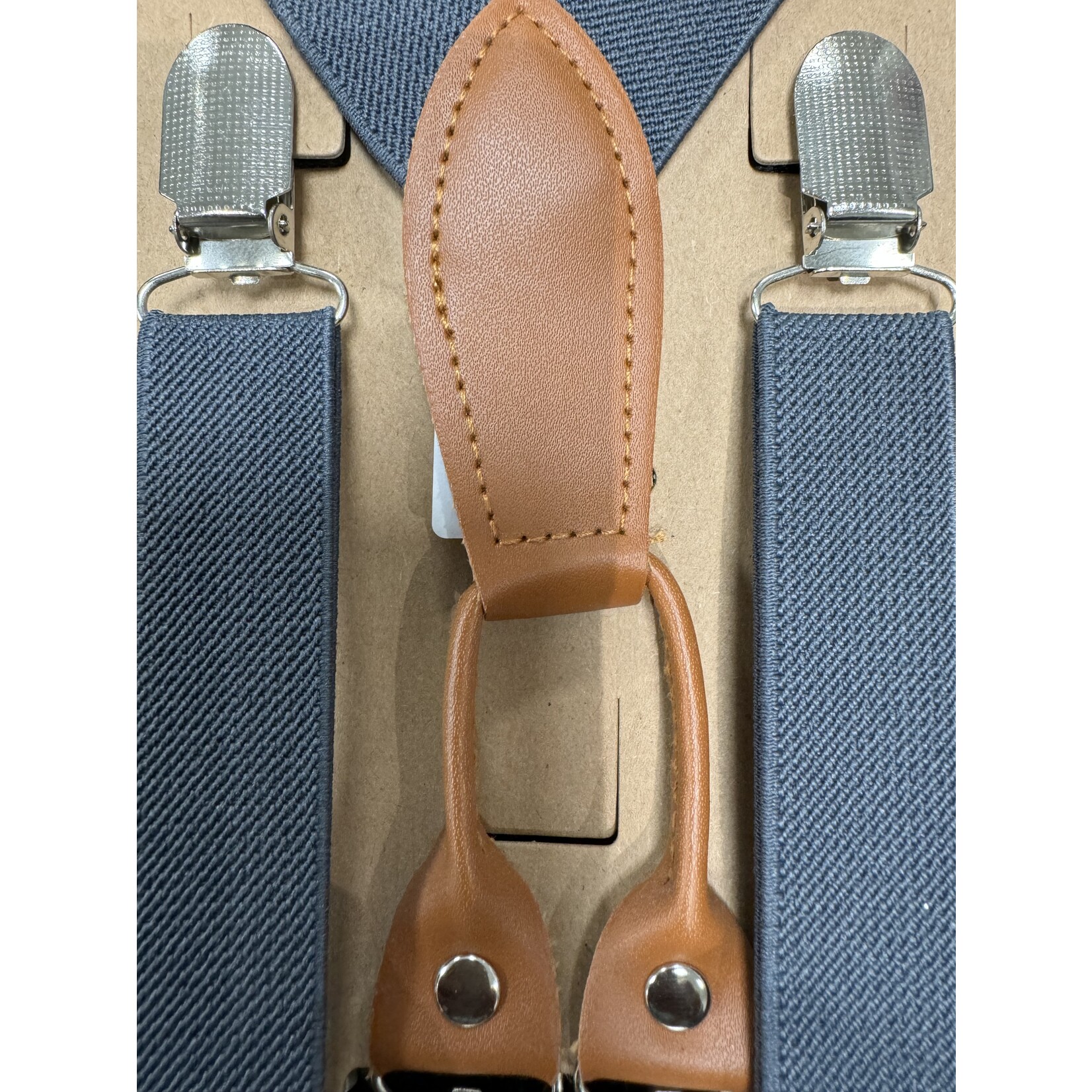 Bretels donker grijs met cognac leer stuk