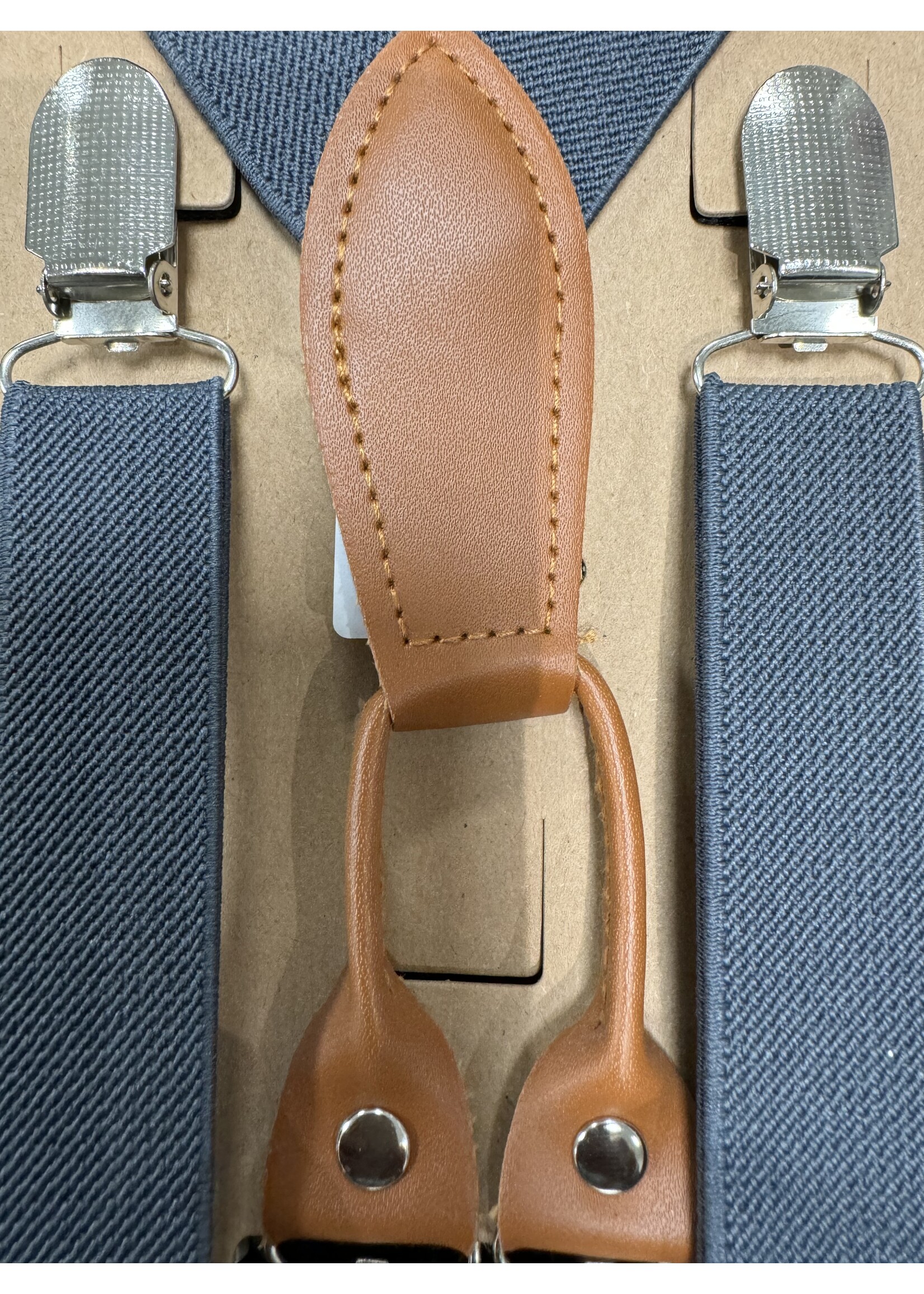 Bretels donker grijs met cognac leer stuk