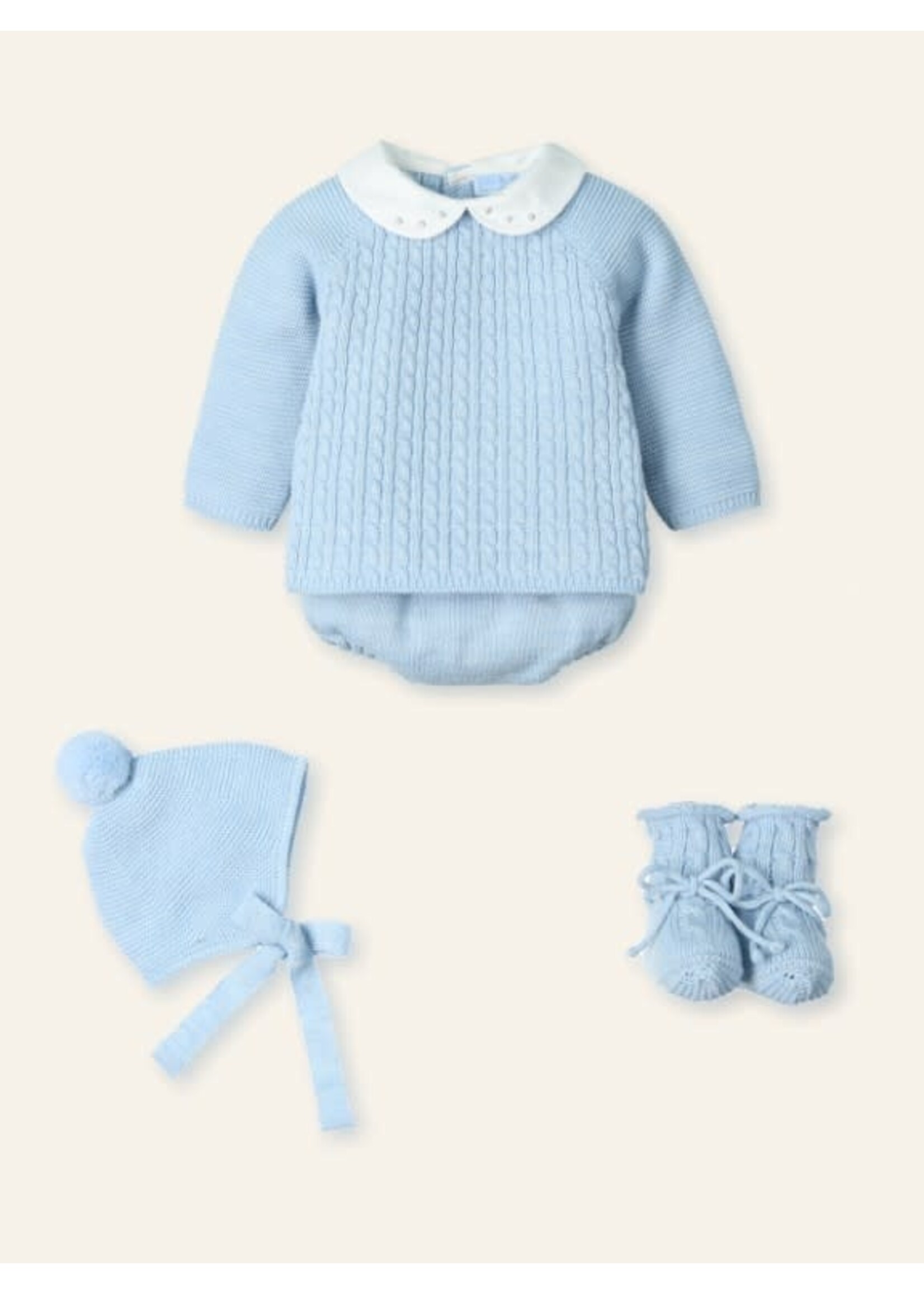 Mac Ilusion Mac Ilusion Traje 4P trencitas con cuello bordado, patucos y gorro pompom "CLOUD BRAIDE" Nube B