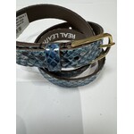 Riem leer slangen print blauw  smal 2 cm met gouden gesp