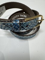 Riem leer slangen print blauw  smal 2 cm met gouden gesp