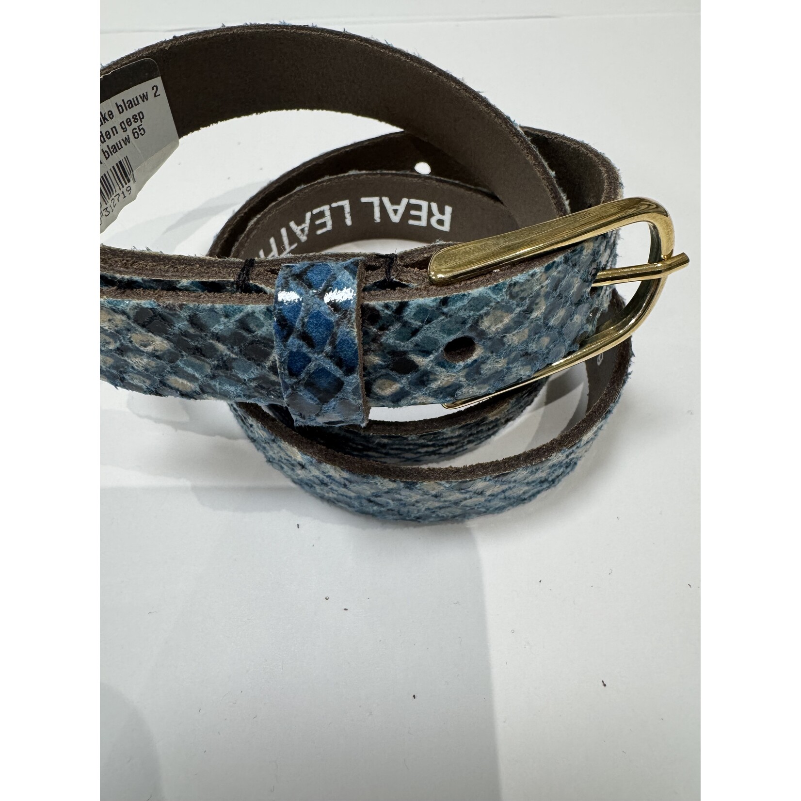 Riem leer slangen print blauw  smal 2 cm met gouden gesp