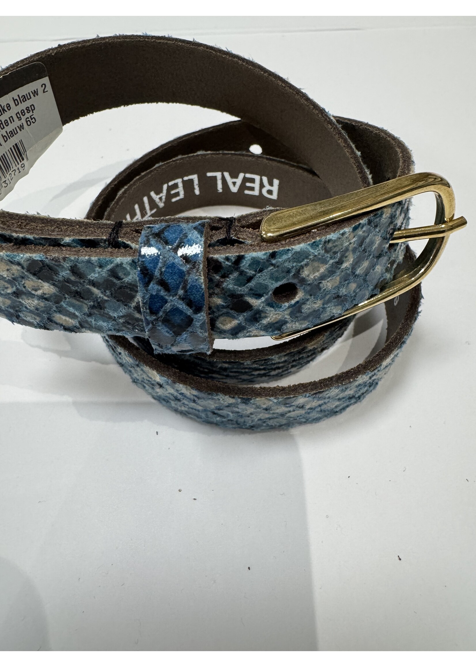 Riem leer slangen print blauw  smal 2 cm met gouden gesp