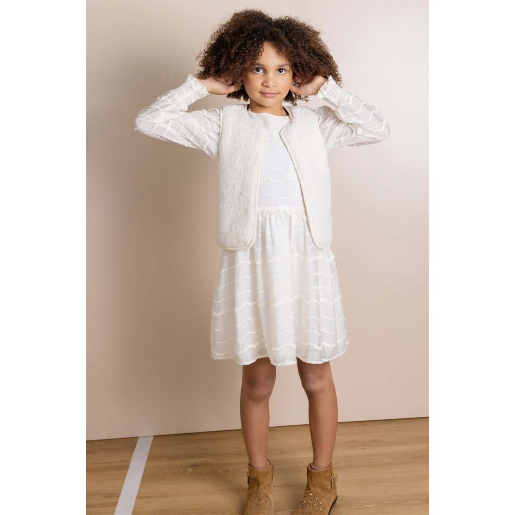 NoNo NoNo Milly Dress L/SL with PomPom details N512-5803 Pearled Ivory