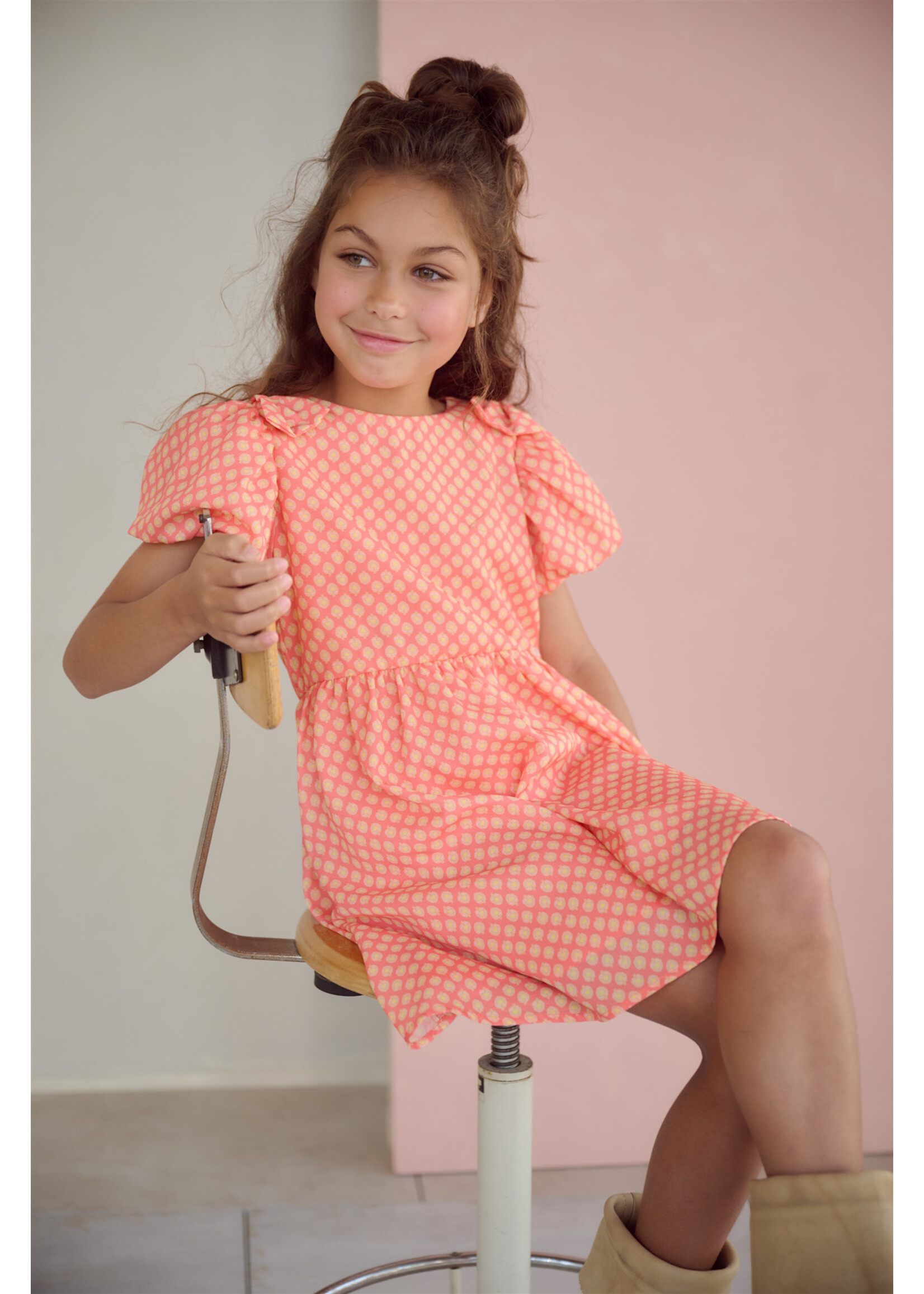 NoNo NoNo Milly AOP dress with bow detail N602-5802 Orange Coral