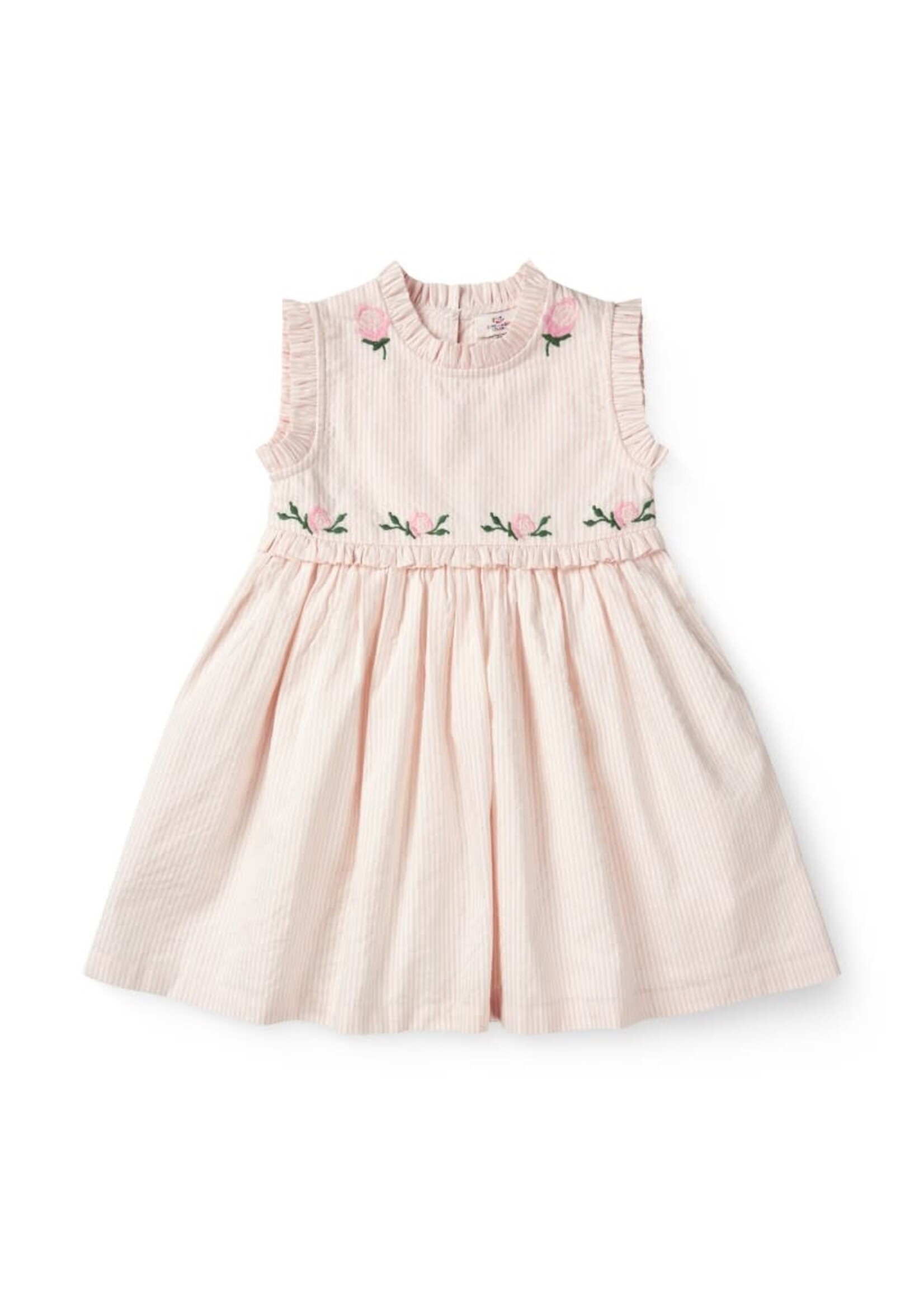 Copenhagen Colors Copenhagen Colors SEERSUCKER DRESS W. RUFFLES AND EMB. DUSTY ROSE W CREAM STRIPE 261-200-501