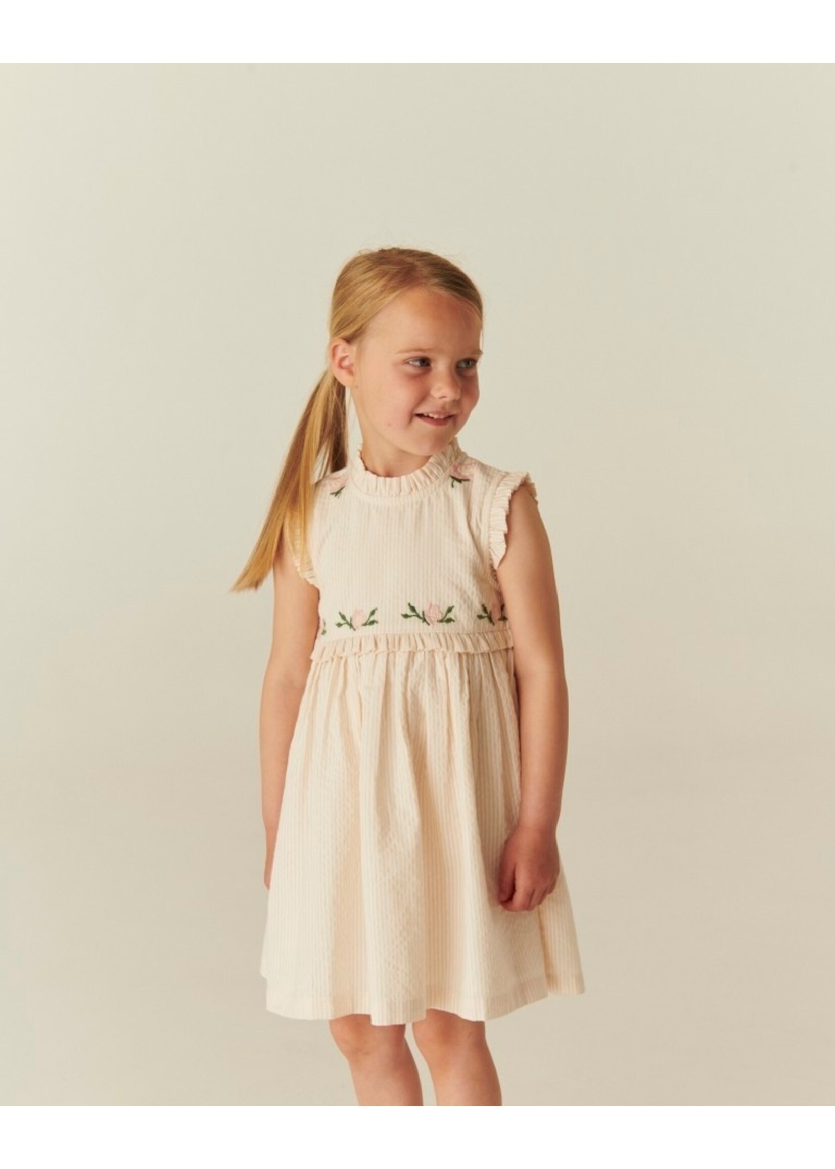 Copenhagen Colors Copenhagen Colors SEERSUCKER DRESS W. RUFFLES AND EMB. DUSTY ROSE W CREAM STRIPE 261-200-501