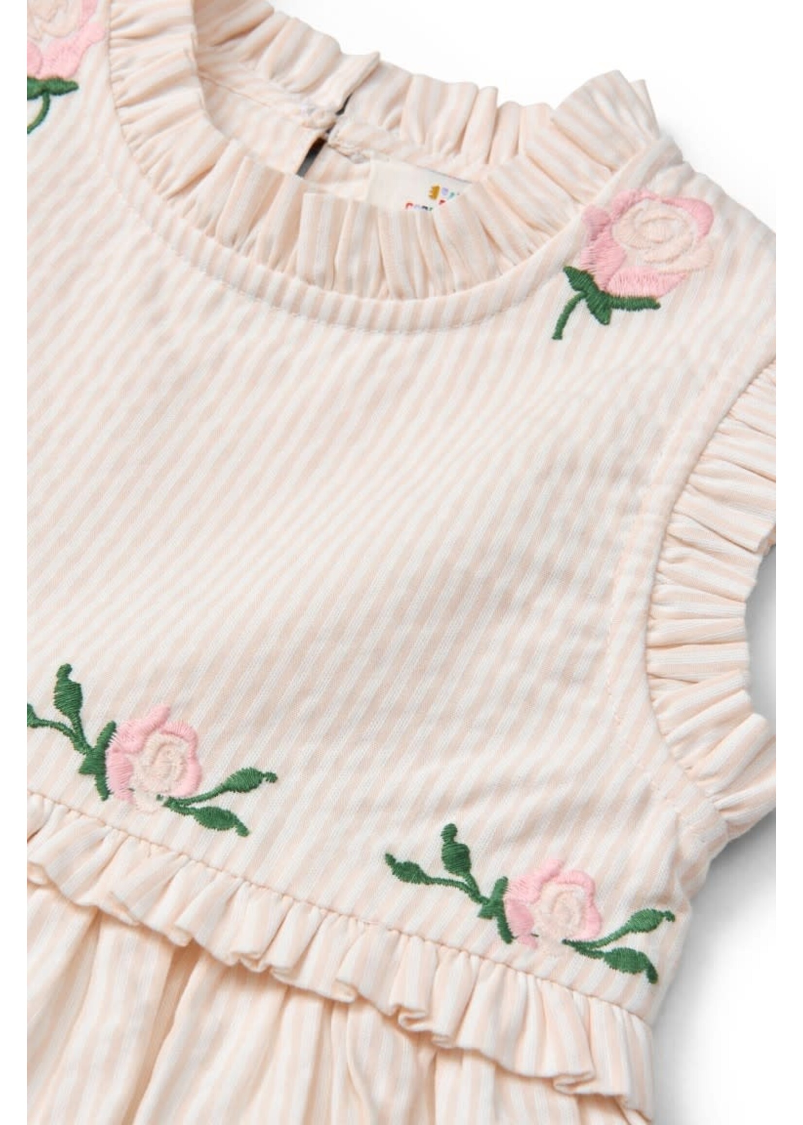 Copenhagen Colors Copenhagen Colors SEERSUCKER DRESS W. RUFFLES AND EMB. DUSTY ROSE W CREAM STRIPE 261-200-501