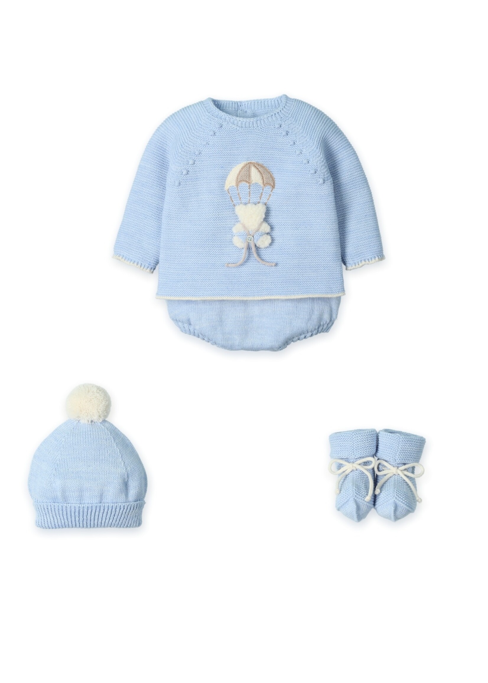 Mac Ilusion Mac Ilusion Traje 4P Corto culotte punto, gorro y patucos menguado "BEAR IN A PARACHUTE" Nube B