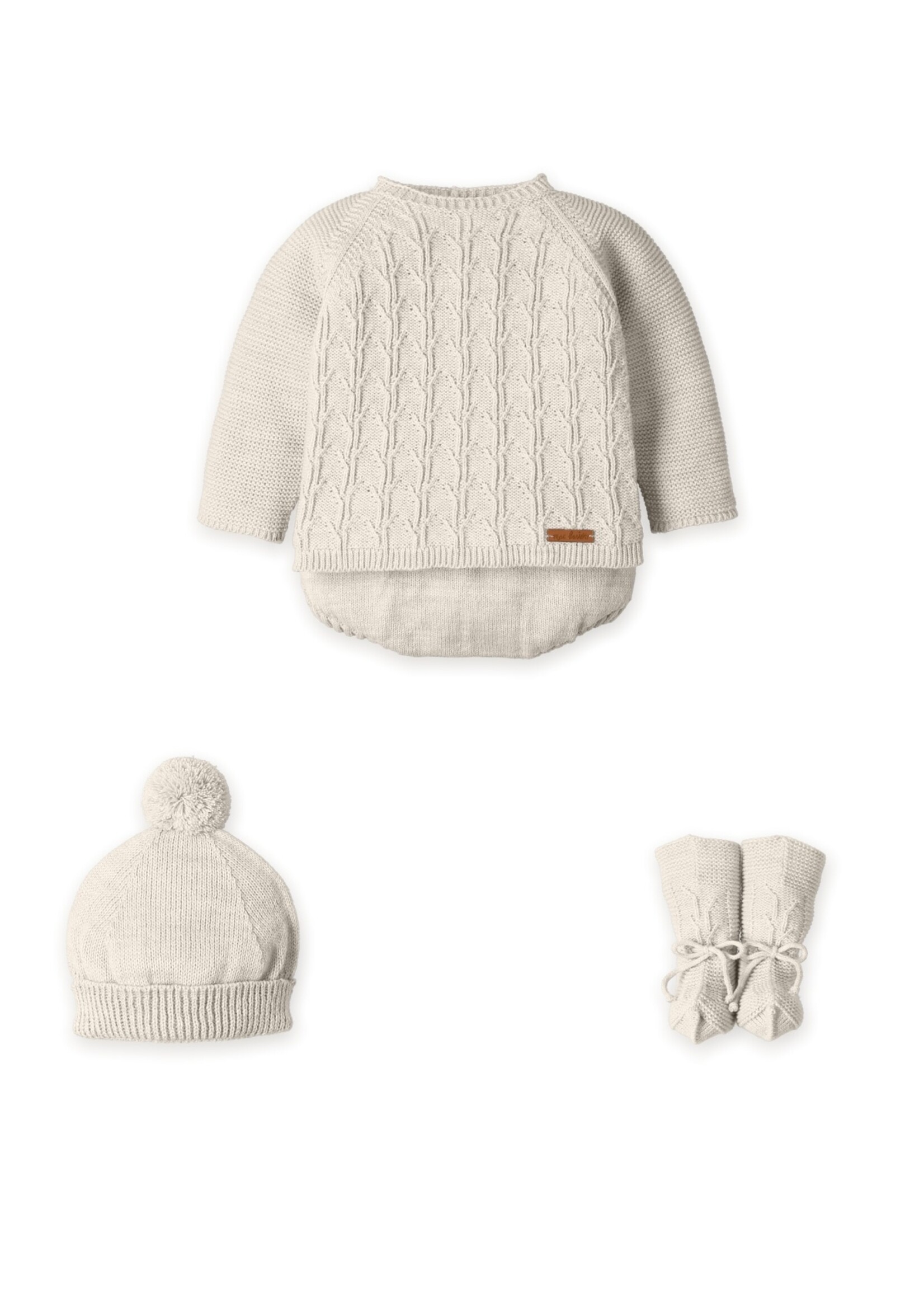 Mac Ilusion Mac Ilusion Traje 4P Corto culotte sin costuras, gorro POMPOM y patucos sin costuras "HAZELNUT SQUARE" Natural B